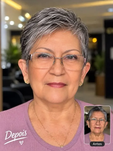 Antes e depois de corte e coloração: cliente com cabelo curto grisalho moderno